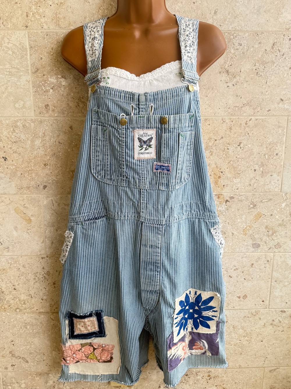 Vintage-Style Blue Striped Overalls Shortalls with Patchwork